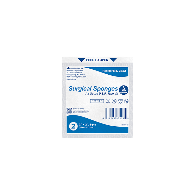 Dynarex Surgical Gauze Sponges Sterile 2's – 2" x 2", 8 Ply, 50/Box