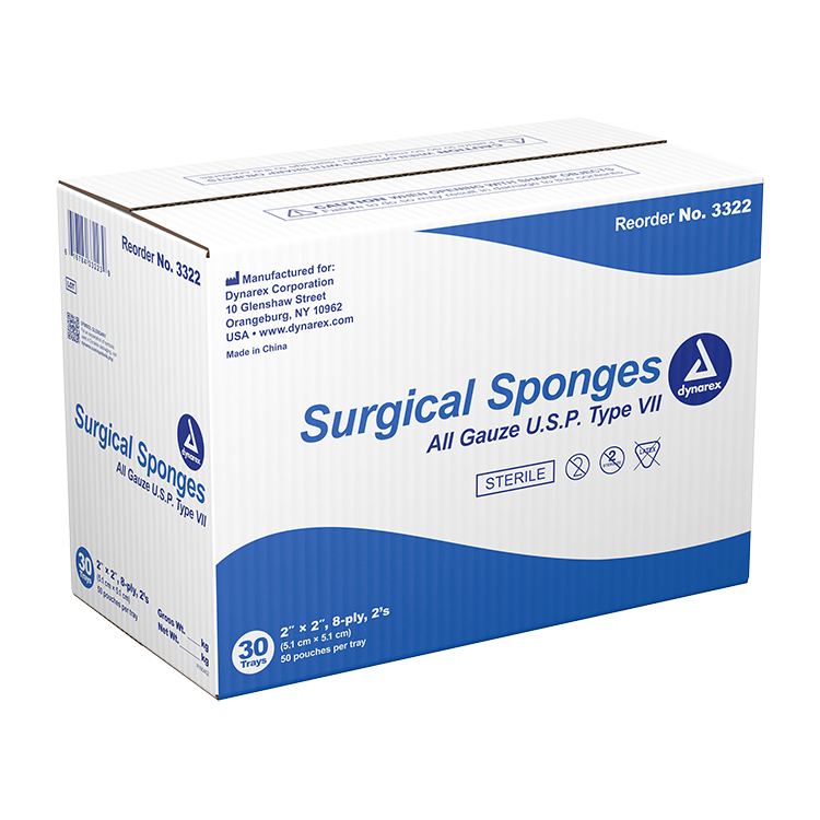 Dynarex Surgical Gauze Sponges Sterile 2's – 2" x 2", 8 Ply, 50/Box