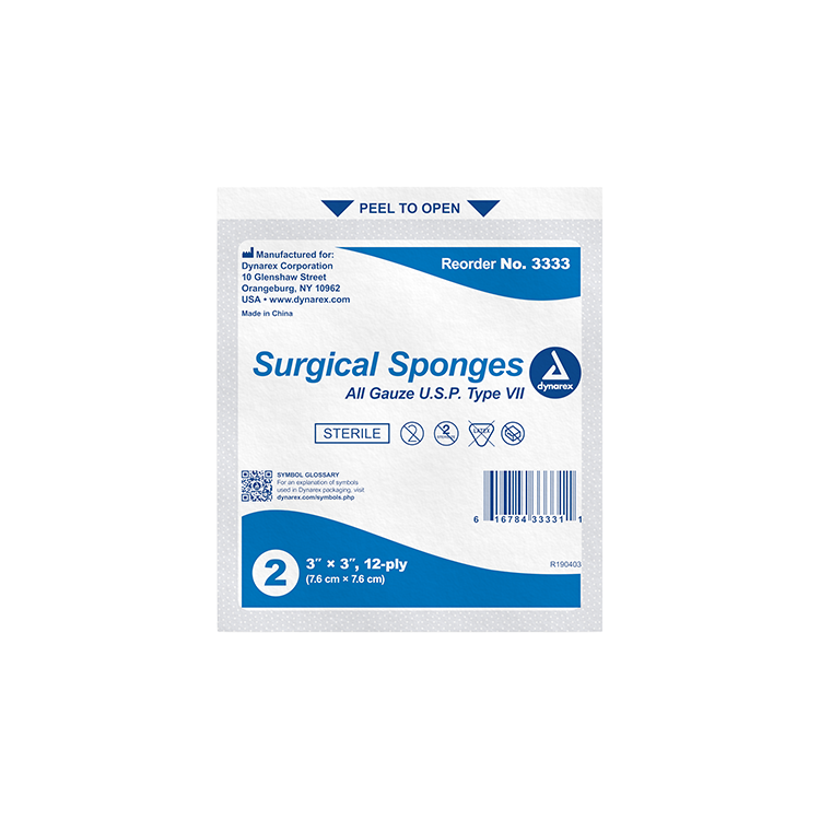 Dynarex Surgical Sterile Gauze Sponges – 3" x 3", 12 Ply, 25/Box