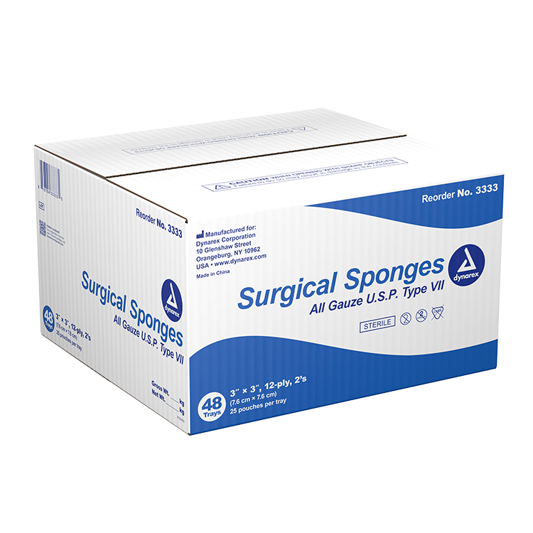 Dynarex Surgical Sterile Gauze Sponges – 3" x 3", 12 Ply, 25/Box