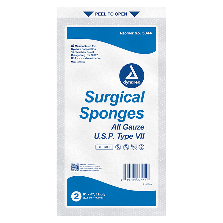 Dynarex Surgical Gauze Sponge - Sterile 8" x 4", 12 Ply, 25/Box