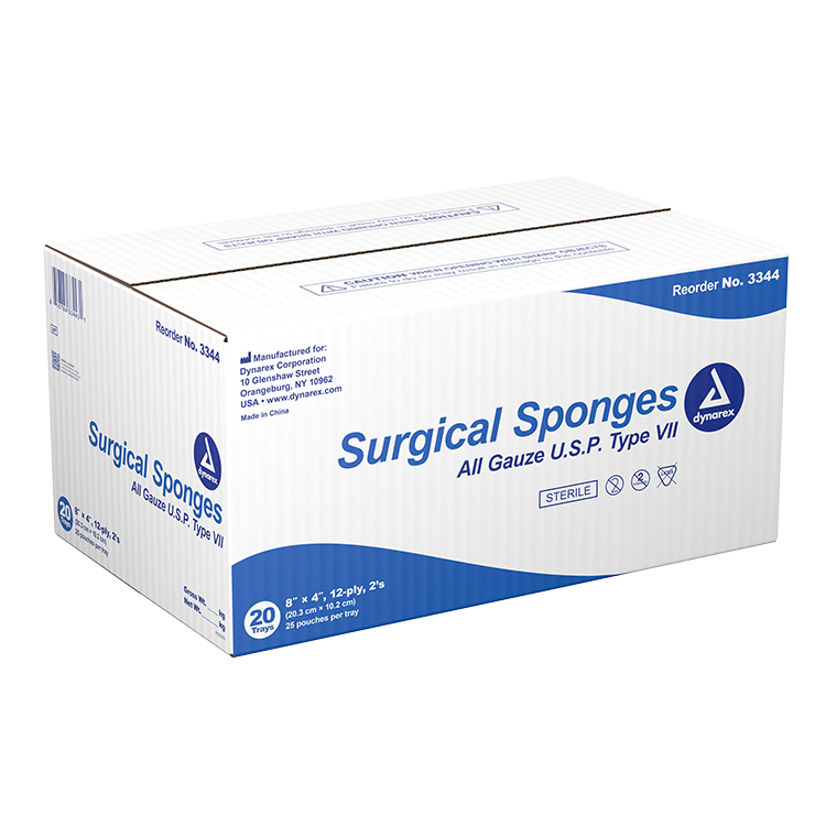 Dynarex Surgical Gauze Sponge - Sterile 8" x 4", 12 Ply, 25/Box