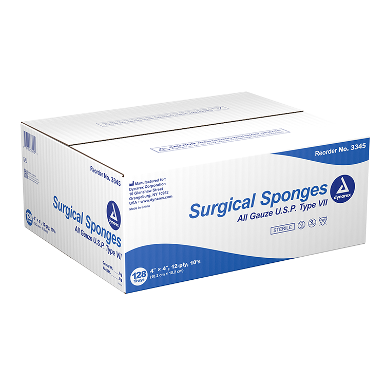 Dynarex Surgical Gauze Sponge - Sterile 4" x 4", 12 Ply, 10/Box