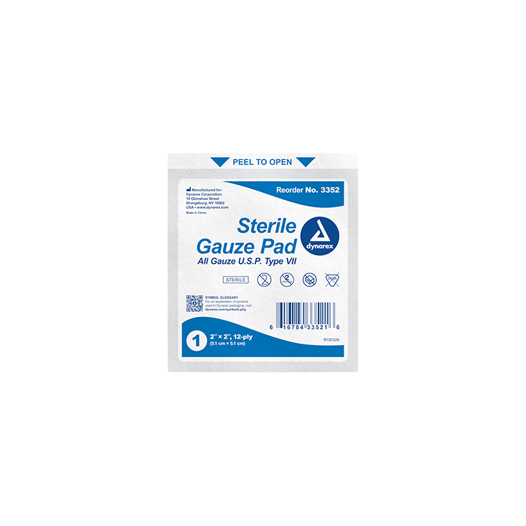 Dynarex Sterile Gauze Pad - 12 Ply, 2" x 2" - 100 Pads per Box