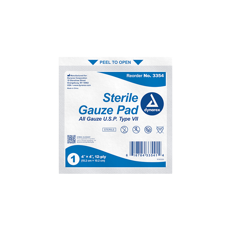 Dynarex Sterile Gauze Pad - 12 Ply, 4" x 4" - 100 Pads per Box