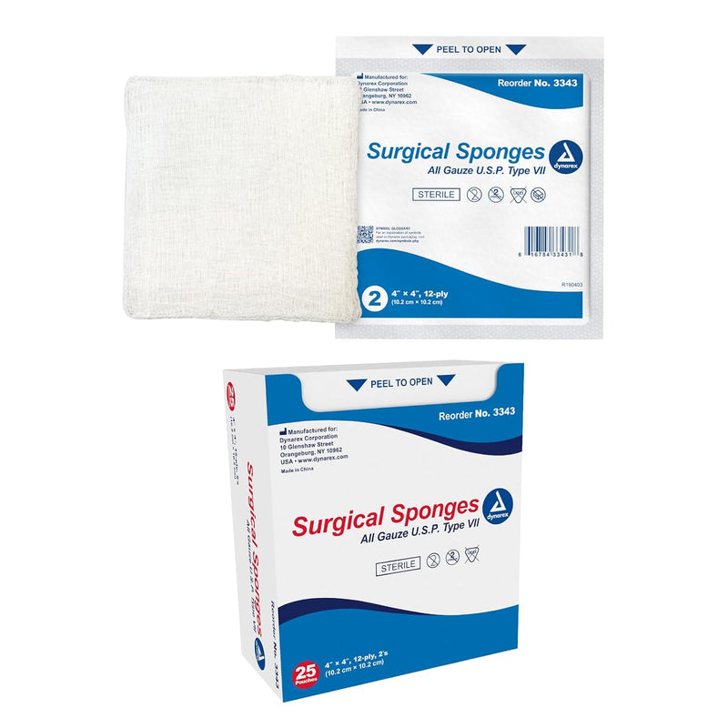 Dynarex Gauze Sponges Sterile- 2's 4 X 4 -12ply (25-2's Per Tray)