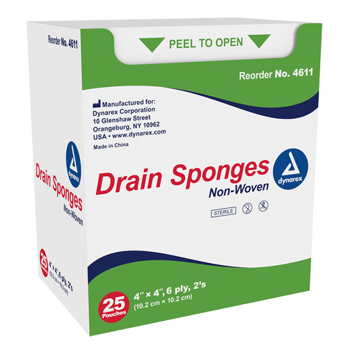 Dynarex Non-Woven Drain/IV Sponge 4"x4", 6-Ply, Sterile - 25 Packs of 2