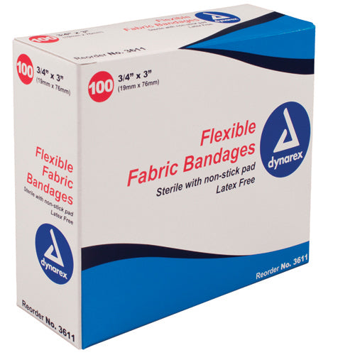 Dynarex Flexible Fabric Bandages 3/4" x 3" Sterile (Box of 100)