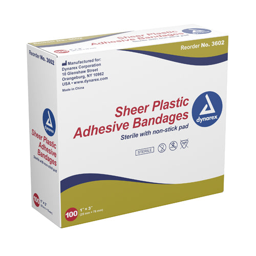 Dynarex Sterile Adhesive Bandages Sheer Strips, 3/8" x 1-1/2" - Box of 100