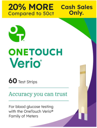 OneTouch Verio Test Strips for Diabetes -60 Count | Diabetic Test Strips for Blood Sugar Monitor | Home Self Glucose Testing | 1 Box (60 Test Strips)