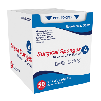 Dynarex Surgical Gauze Sponges Sterile 2's – 2" x 2", 8 Ply, 50/Box