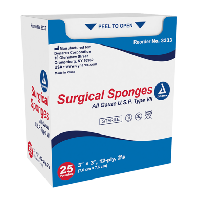 Dynarex Surgical Sterile Gauze Sponges – 3" x 3", 12 Ply, 25/Box