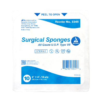 Dynarex Surgical Gauze Sponge - Sterile 4" x 4", 12 Ply, 10/Box