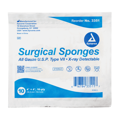 Dynarex X-Ray Detectable Surgical Gauze Sponge - Sterile 16 Ply, 4" x 4" - 10 per Box