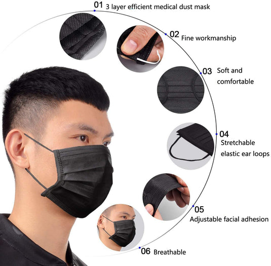 Black Disposable 3-PLY Protective Face Masks - Box/50 | Medical Source.
